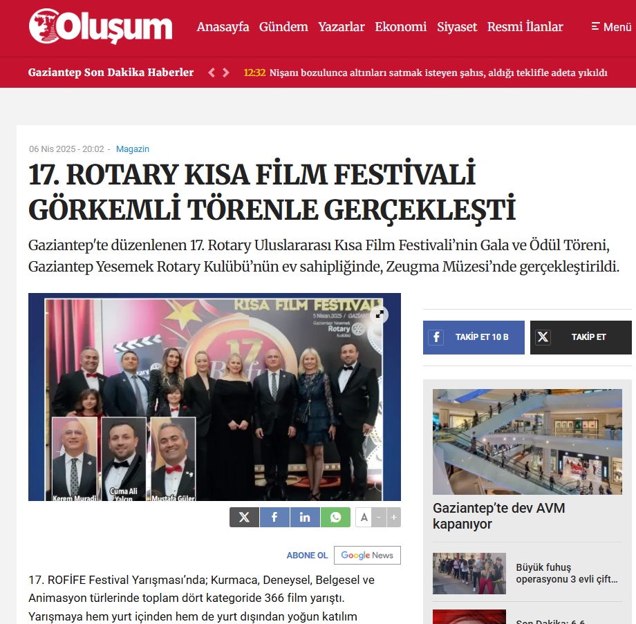 17. ROTARY KISA FİLM FESTİVALİ GÖRKEMLİ TÖRENLE GERÇEKLEŞTİ