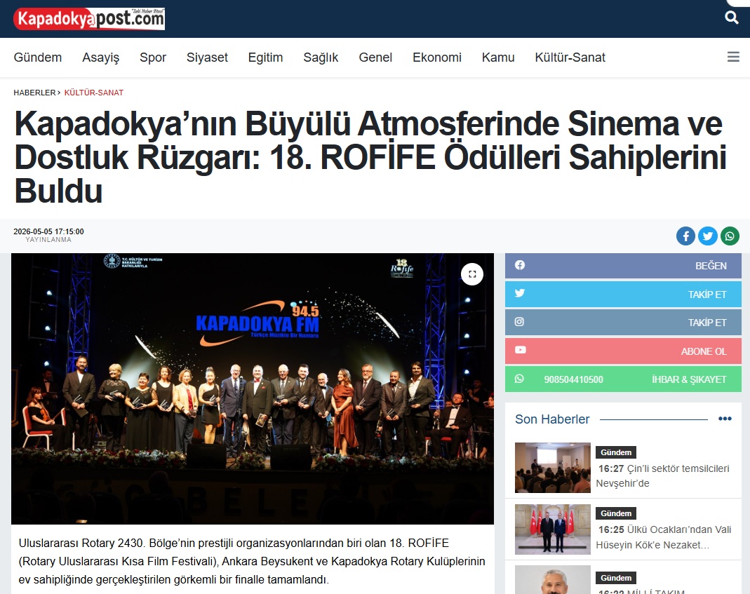 Kapadokya’nın Büyülü Atmosferinde Sinema ve Dostluk Rüzgarı: 18. ROFİFE Ödülleri Sahiplerini Buldu