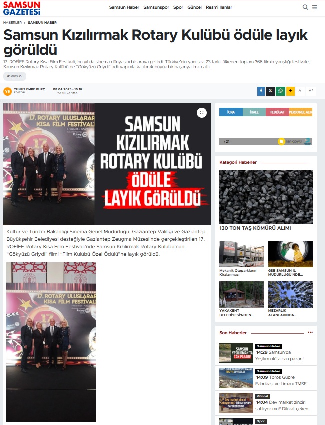 Samsun Kızılırmak Rotary Kulübü ödüle layık görüldü
