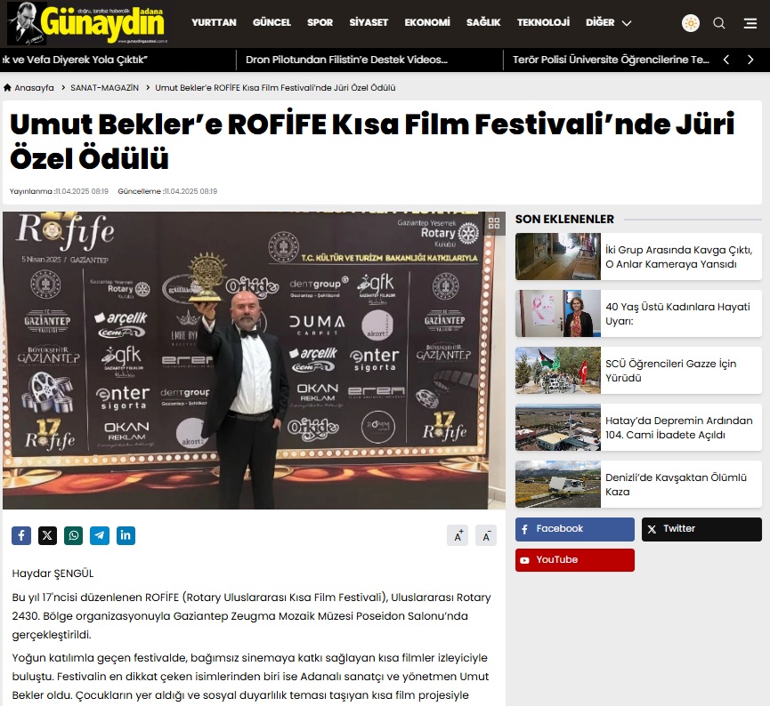 Umut Bekler’e ROFİFE Kısa Film Festivali’nde Jüri Özel Ödülü