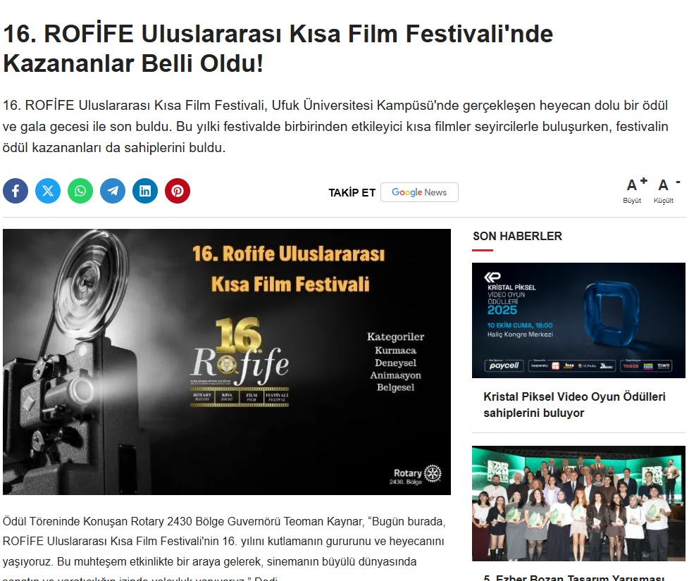 16. ROFİFE Uluslararası Kısa Film Festivali'nde Kazananlar Belli Oldu!